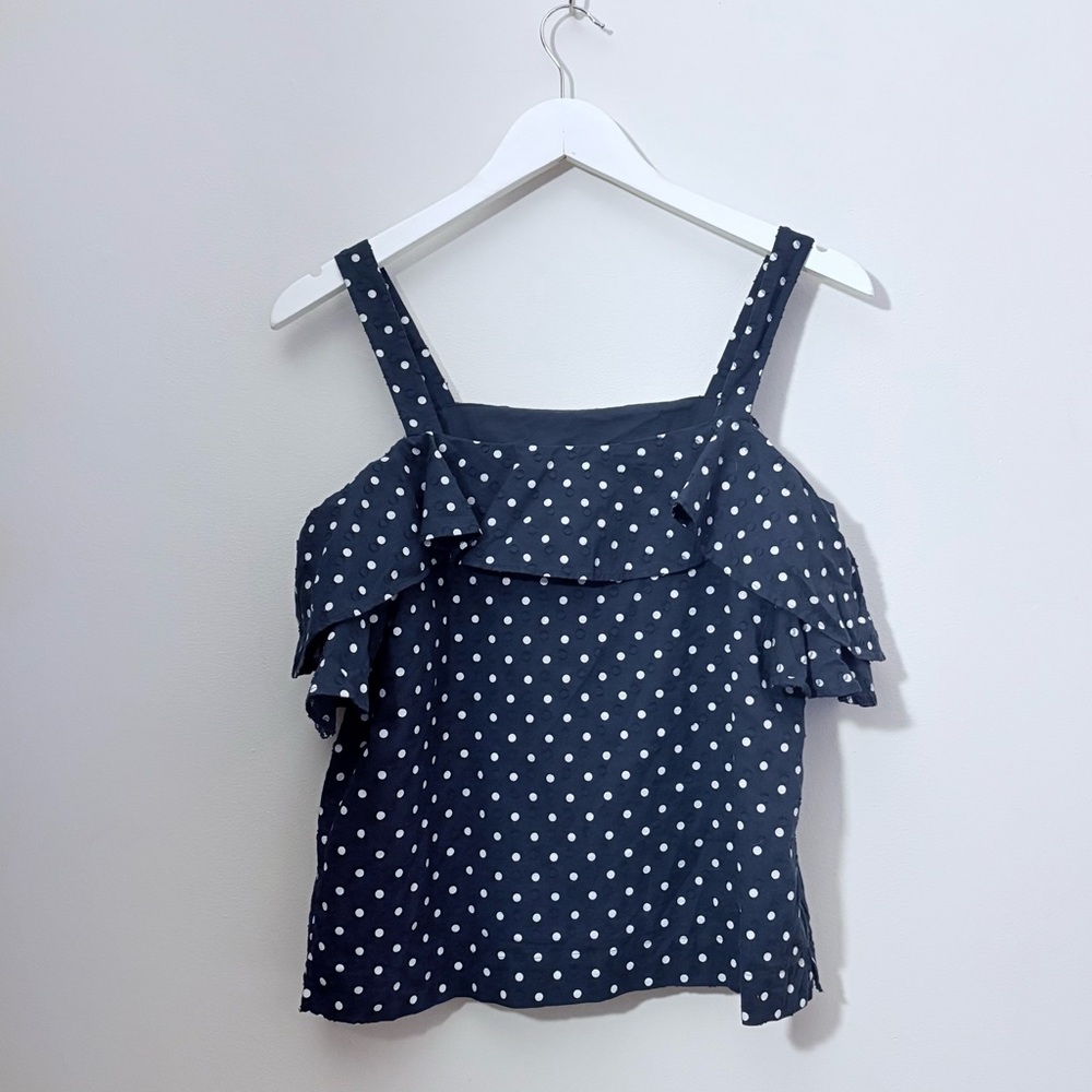 J. Crew Navy Dot Ruffled Off-Shoulder Top - Picture 7 of 8
